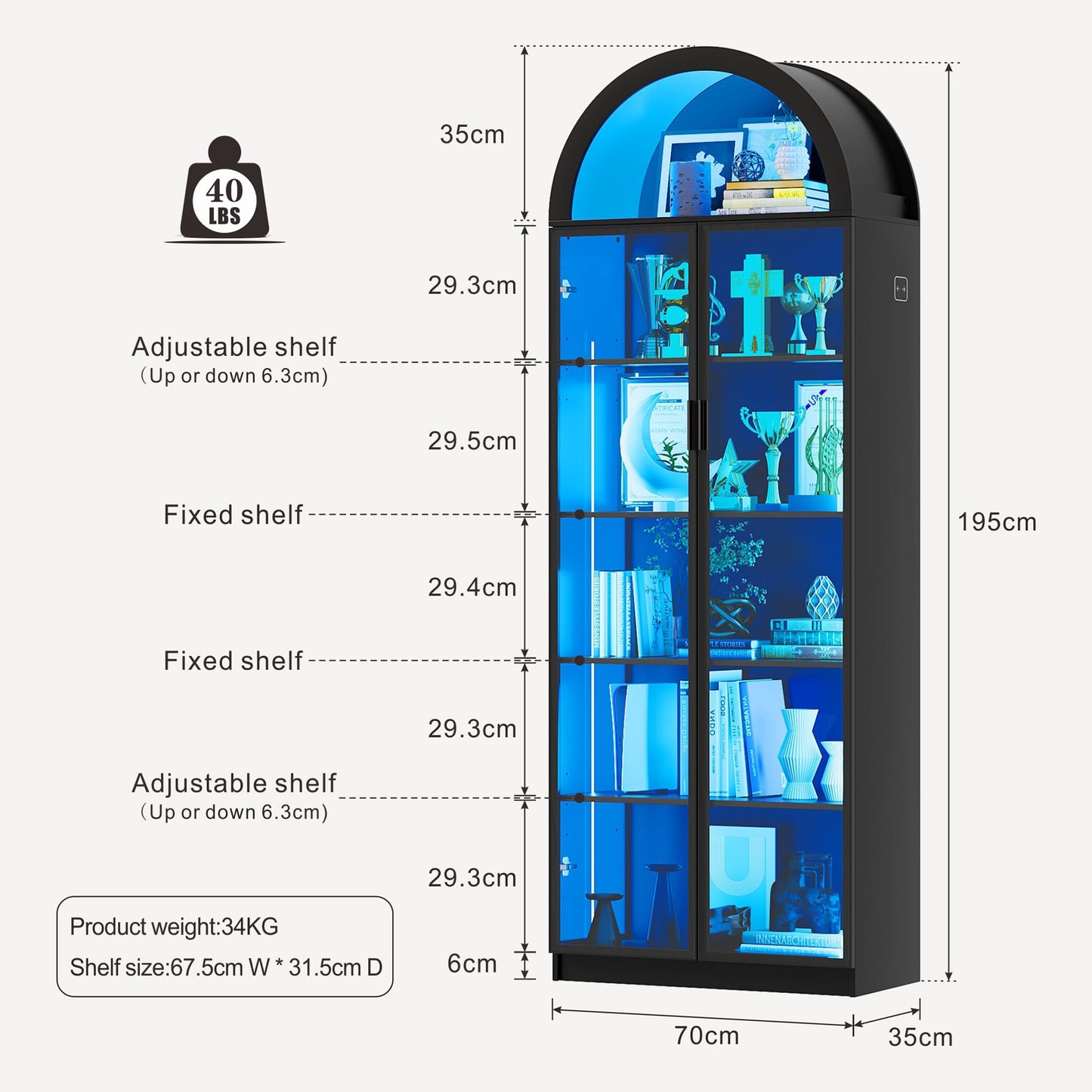 FREDEES Arch Display Cabinet with Doors and LED Lights, 195CM, Black
