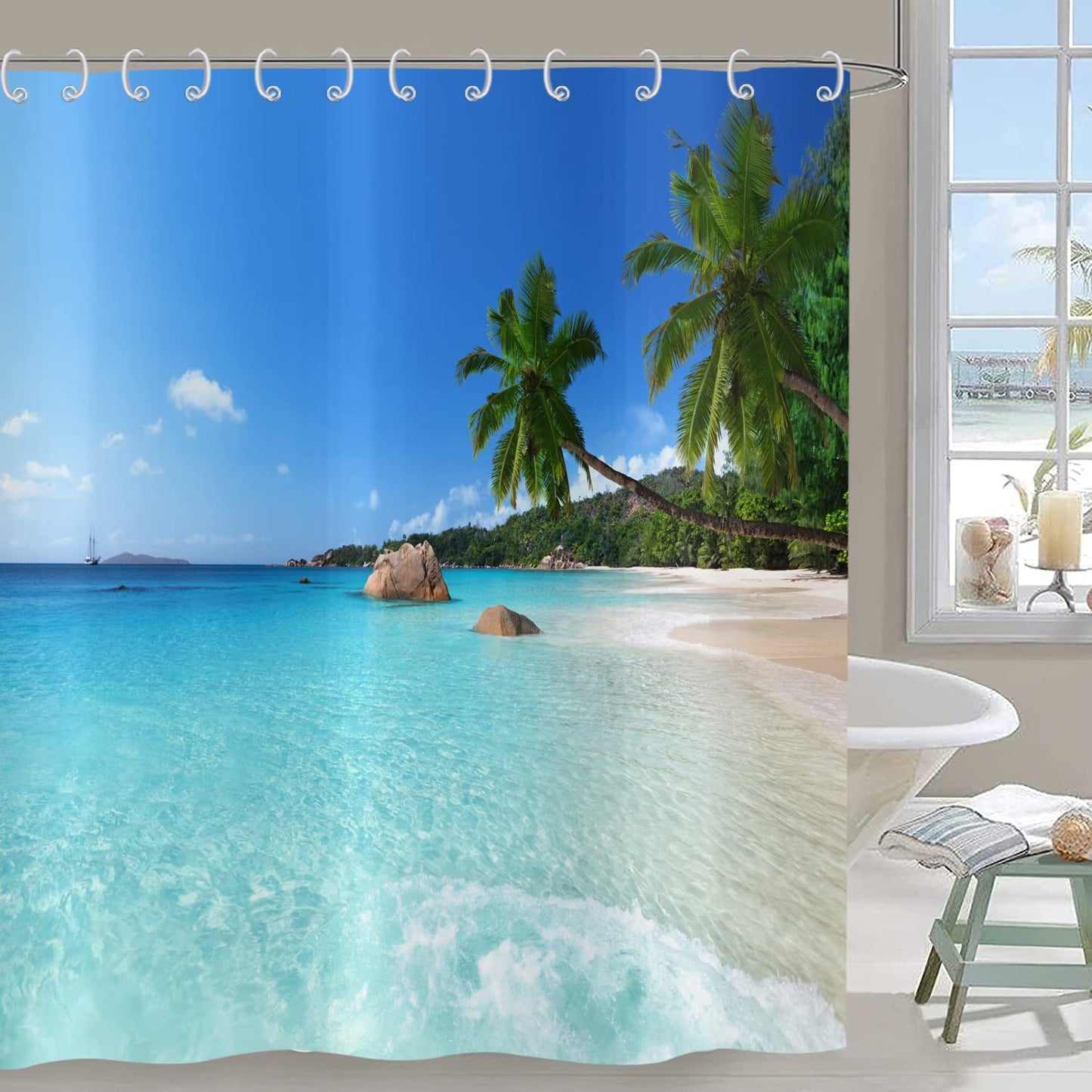 Hnmdmyi Ocean Beach Shower Curtain 165x180, Tropical Palm Trees Seaside Island Blue Sky Hawaiian Landscape Bathroom Curtains with Hooks Waterproof