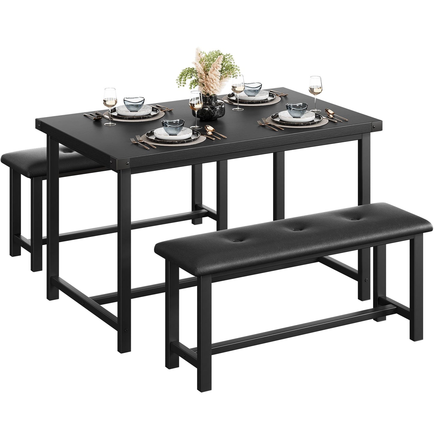 Crevyteg Dining Table Set for 4, Kitchen Table with Benches, Rectangular Dining Room Table Set with 2 Upholstered Benches