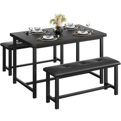 Crevyteg Dining Table Set for 4, Kitchen Table with Benches, Rectangular Dining Room Table Set with 2 Upholstered Benches