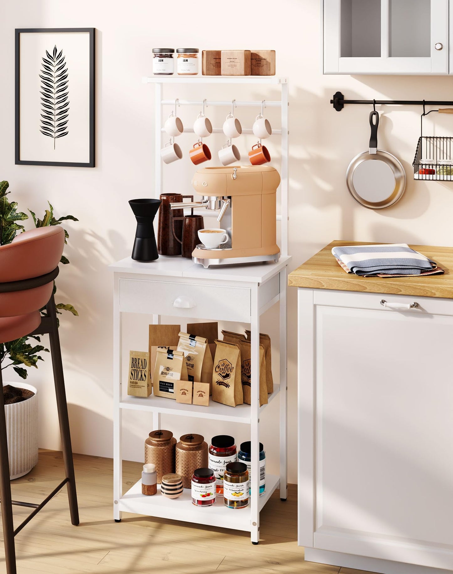 YMYNY 5 Tier Coffee Bar Station, Coffee Stand with Fabric Drawers, 8 S-Shaped Hooks, Corner Bar Cabinet, Height Adjustable, Bakers Rack for Kitchen