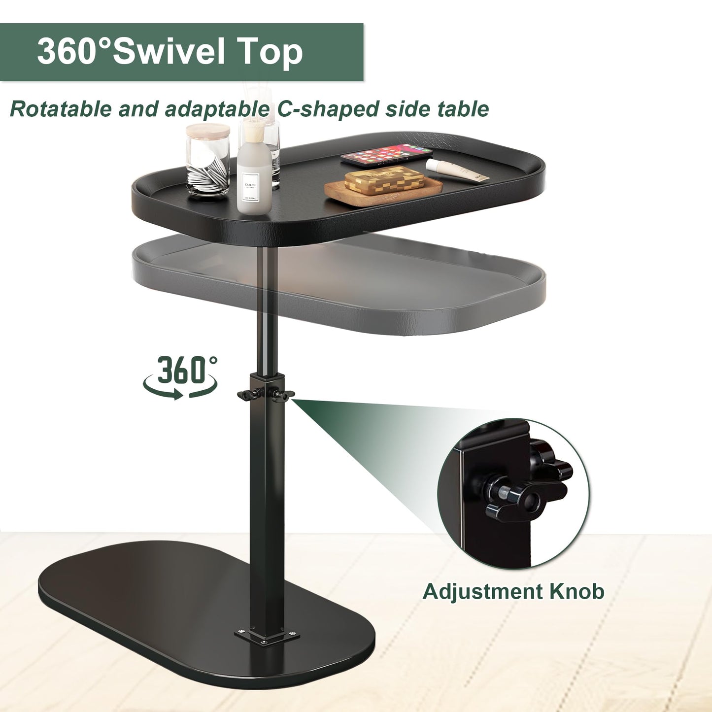liameya C Shaped Side Table Adjustable Height, 360°Swivel Sofa Table that Slide Under, Modern Small Coffee Table for Couch/Bed/Bathtub