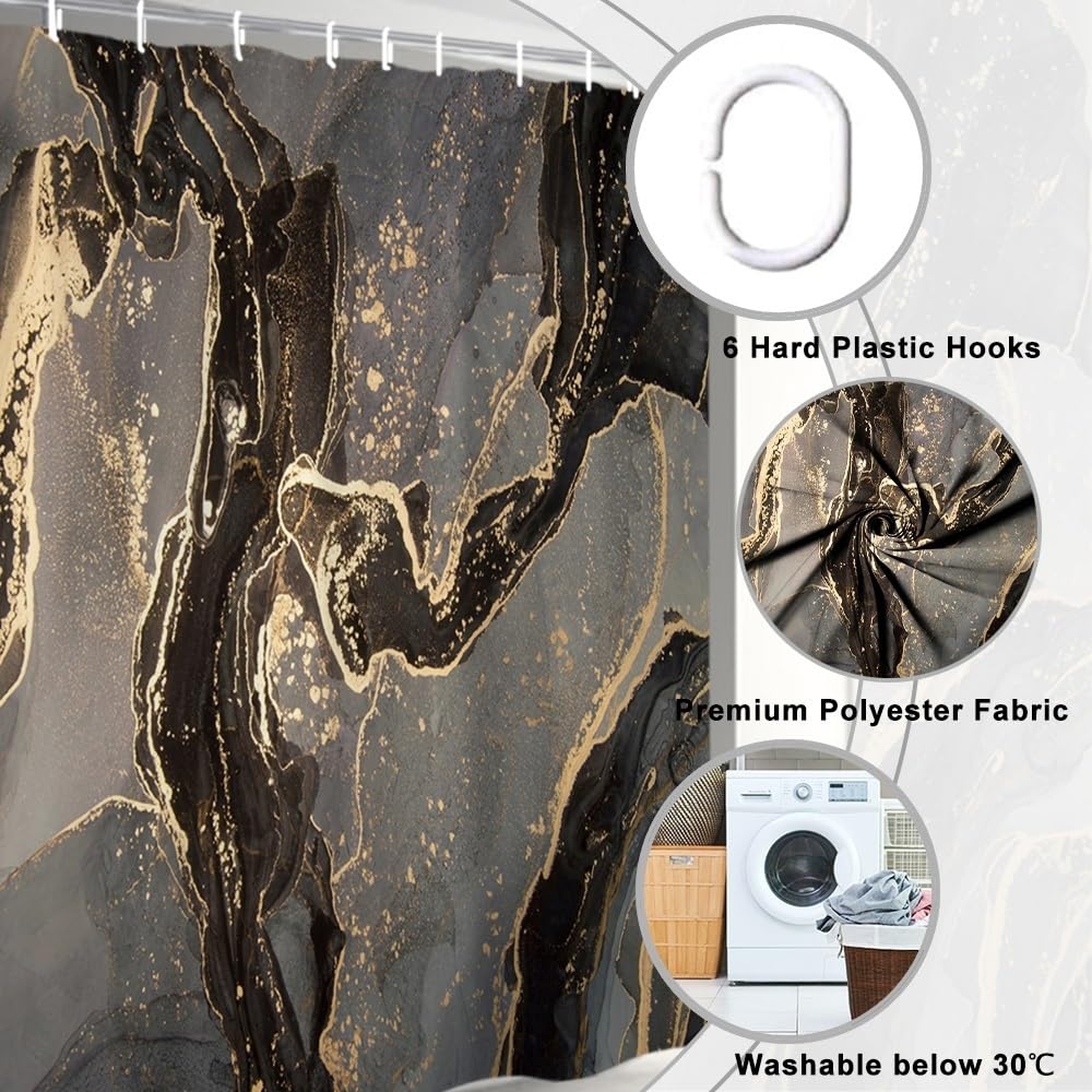 Uiiooazy Black Gold Shower Curtain, Stall Shower Curtain Abstract Marble Bath Curtain Mildew and Mould Resistant Waterproof Polyester Fabric Washable