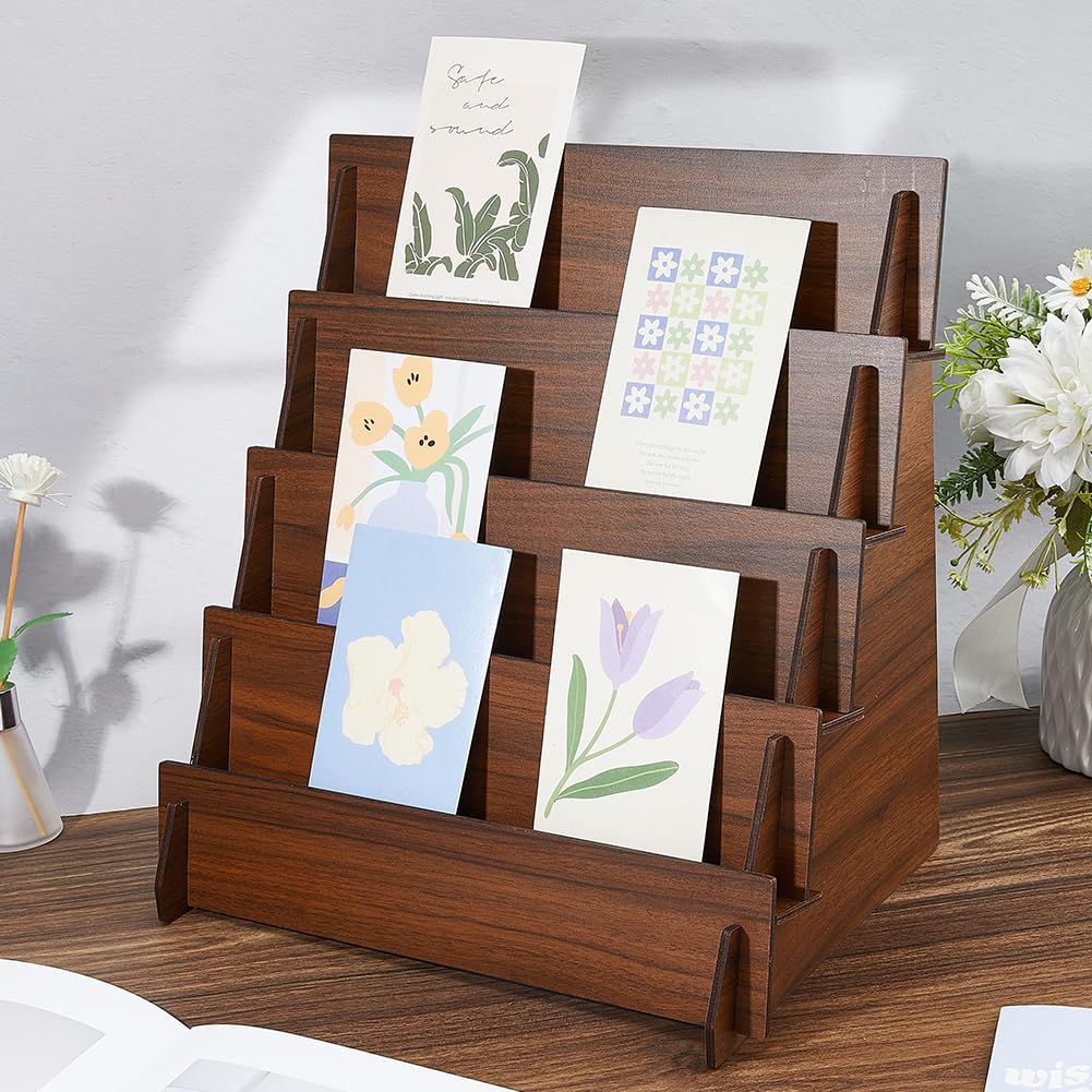 DICOSMETIC 4-Tier Greeting Card Display Stand Wooden Sticker Display Stand Card Stands 35x23.6x35cm Jewelry Organizer Holder Brown Earring Display