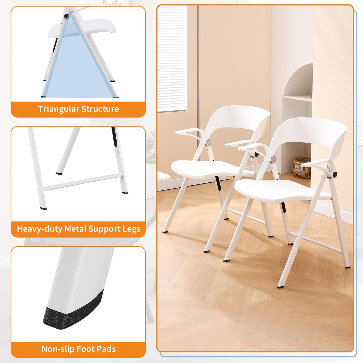 TAO ONE White Office Chair with Arms, Plastic Folding Chairs, Comfort Stackable Dining Chairs,Portable Foldable Chair with Steel Frame for Indoor