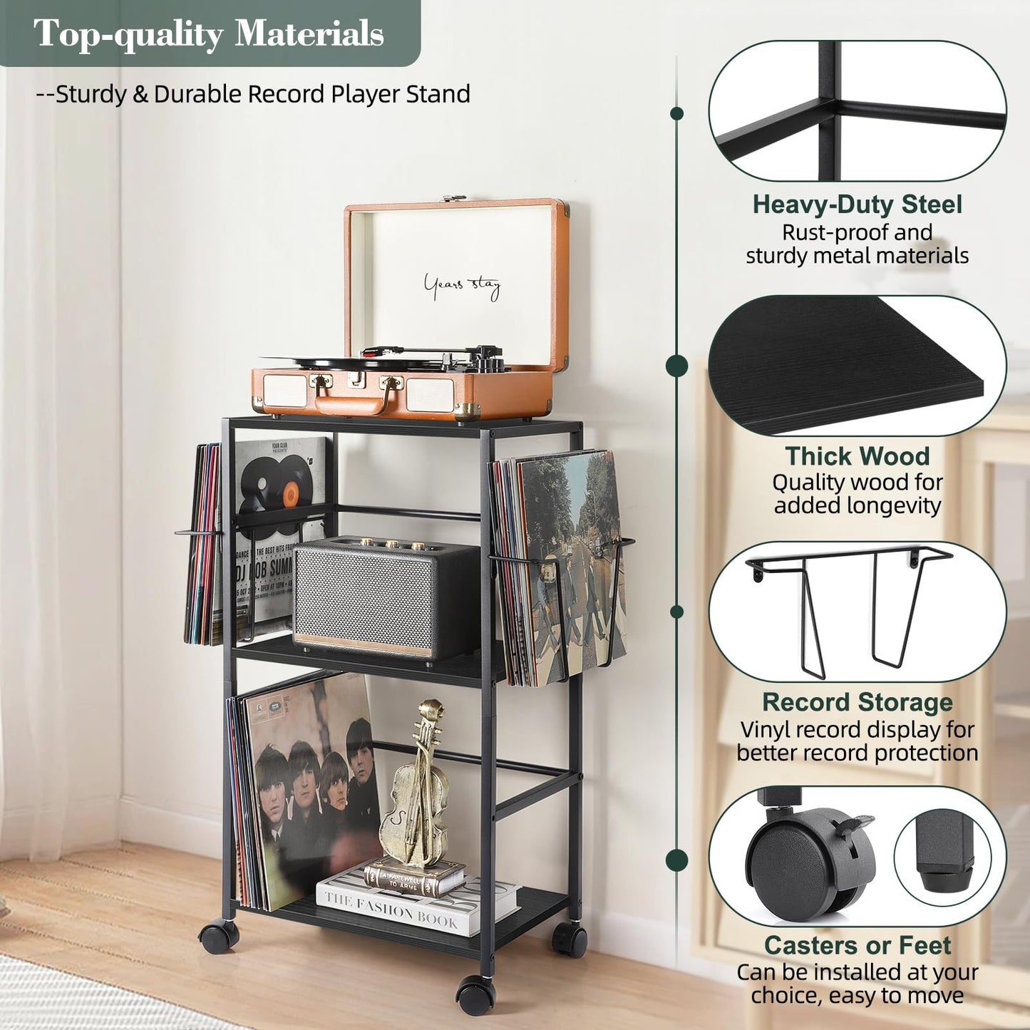 Bikoney Rolling Record Player Stand with Vinyl Storage for 150 Albums,Black