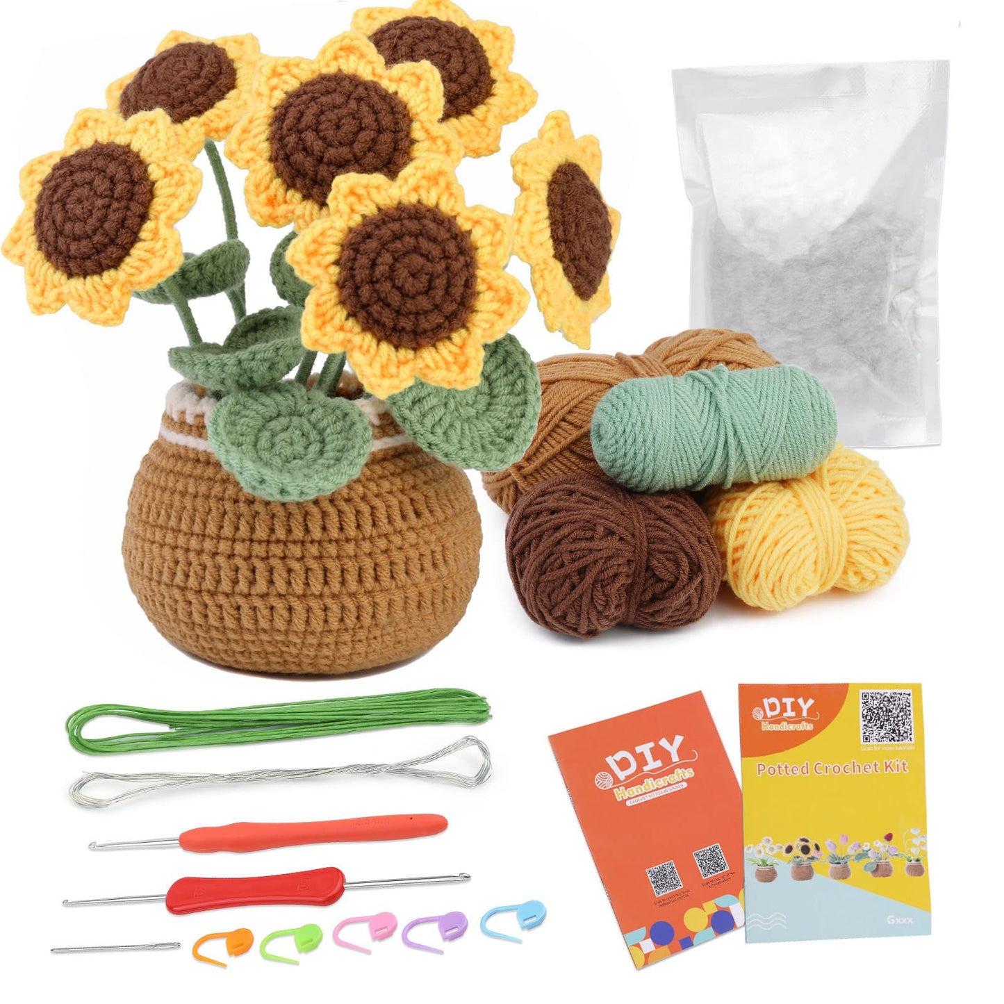 Namner Crochet Kit for Beginners, Sunflower Crochet Starter Kit, Knitting Kit, with Crochet Hooks, Polyester Fiber Filling, Stem Wire, Stitch Markers,