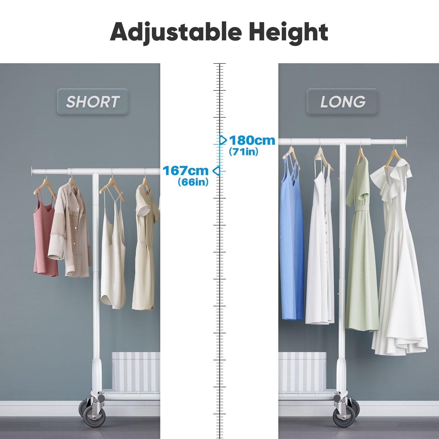 HOKEEPER Heavy Duty Clothes Rail 238kg (525lbs) Capacity, Extendable Hanging Rack with Lockable Wheels & Shelves, Space Saving for Bedroom, Apartment