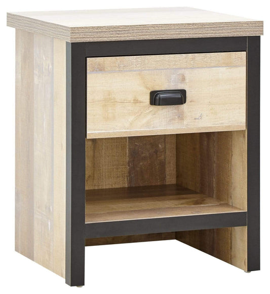 GFW Boston Lamp Table with Drawer, Industrial Side Table with Black Metal Handle, Oak Effect Finish and Contrasting Frame, Living Room End Table