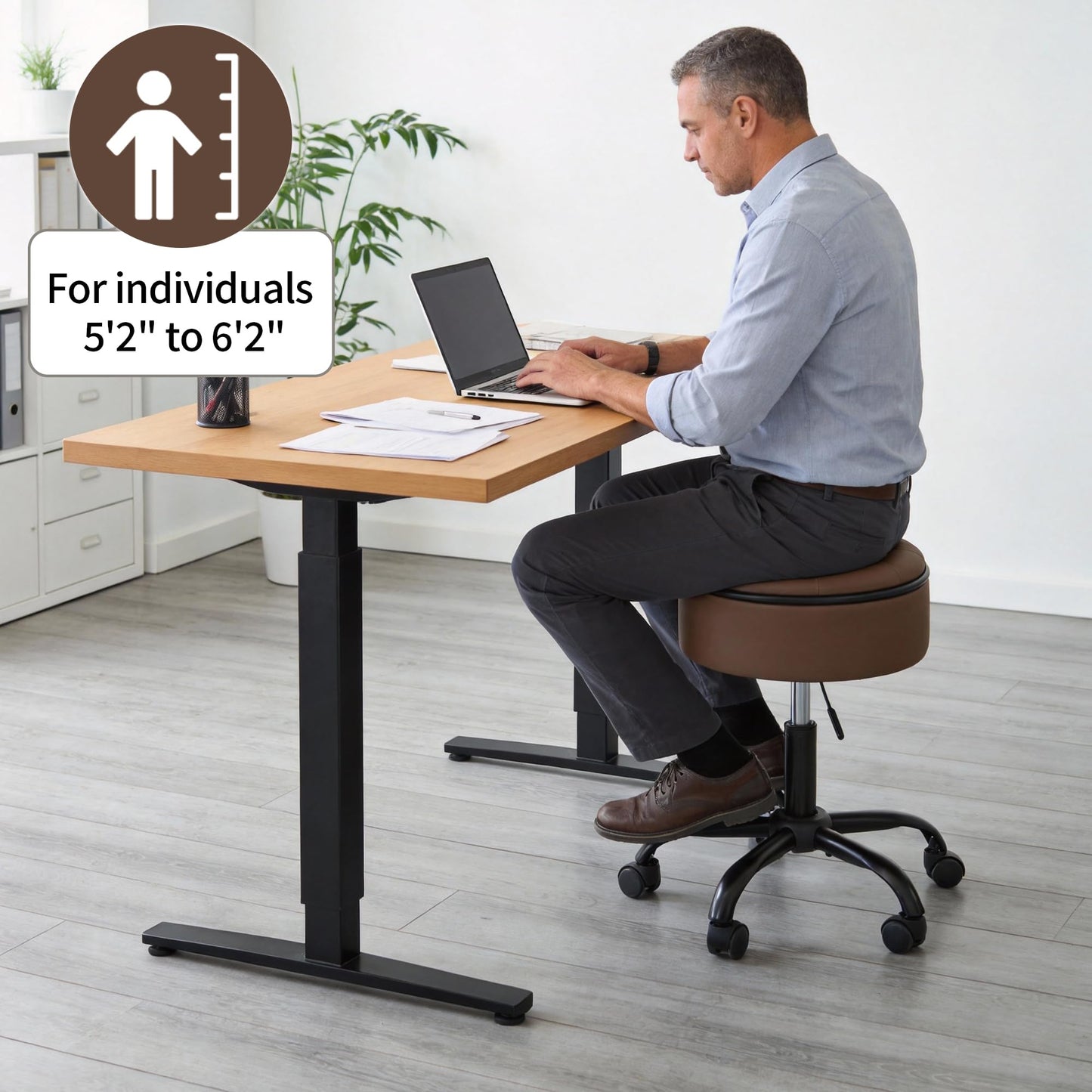 FIRAVOE Drafting Chair with Storage, Adjustable Desk Stool with Wheels 52.5–62.5 cm, Coffee Brown Ergonomic Office Stool
