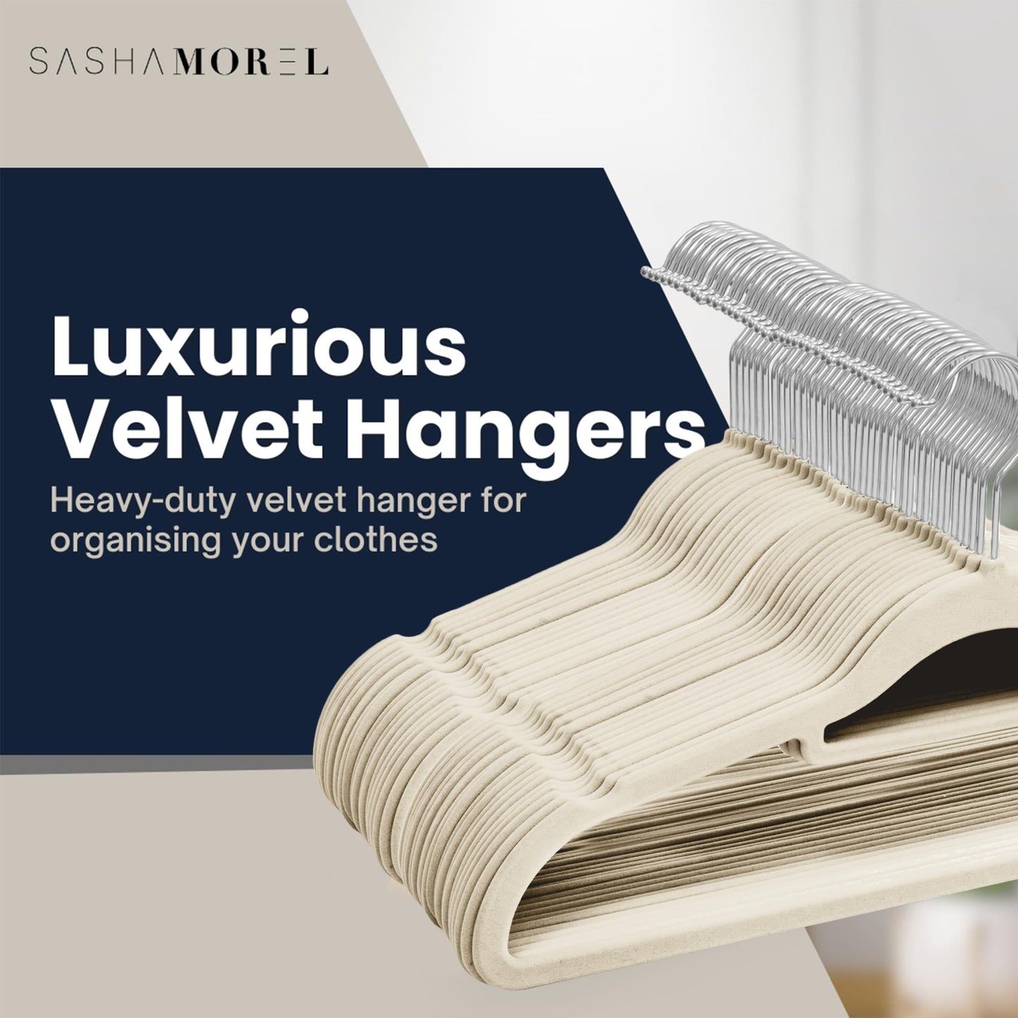 Sasha Morel 50 Pack Velvet Coat Hangers – Non Slip Velvet Hangers for Clothes, Space Saving Adult Hangers with Tie Organizer & Swivel Hooks