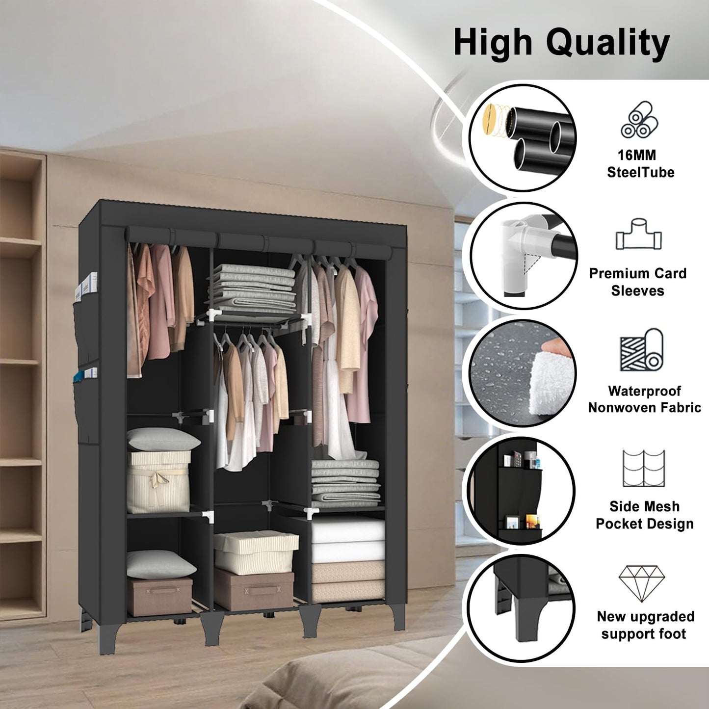 OPPAIYA Canvas Wardrobe, Portable Wardrobe With 3 Hanging Rails, 6 Shelves and 8 Side Bags, 165 * 45 * 125cm Temporary Storage Closet