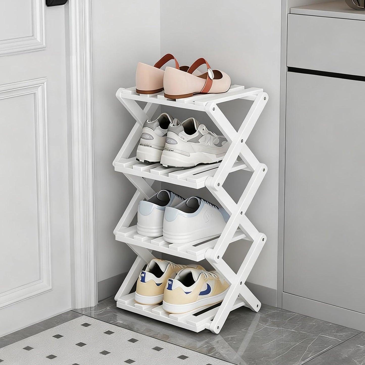 GIRYES Small Shoe Rack White, 4 Tier Bamboo Foldable Shoes Organizer Free Standing Shelf for Entryway, Bedrooms, Closet, Living Room Corner