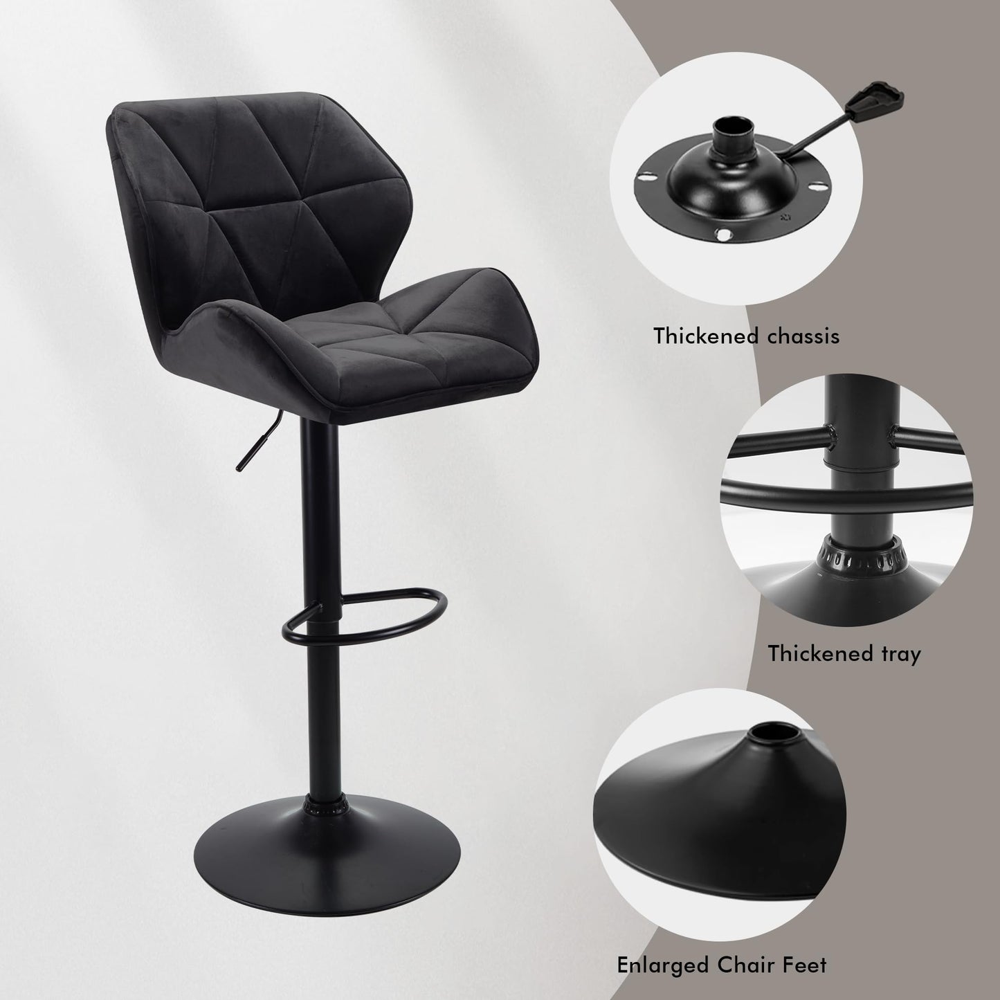 WangPangzi Set of 2 Velvet Bar Stools, Adjustable High Barstool with Footrest, Counter Chairs for Kitchen Islands/Home Bar