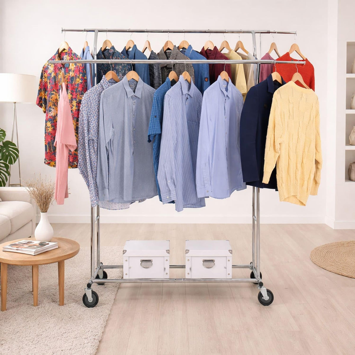 Tatkraft Denver - Heavy Duty Double Clothes Rail on Wheels, Holds Up to 242 Lbs 110 Kg, SET UP WITHIN 1 MINUTE, Chromed steel