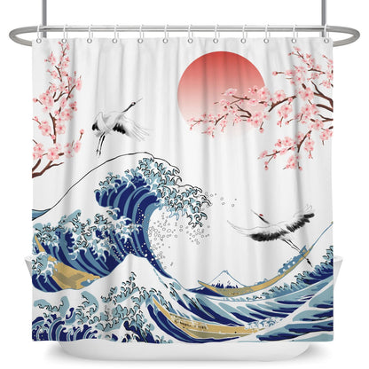 SDOTPMT 180x243cm Wave Shower Curtain Asian Cherry Blossom Ink Painting Bath Curtain Soaring Wild Goose Landscape Painting Bath Curtain for Bathroom