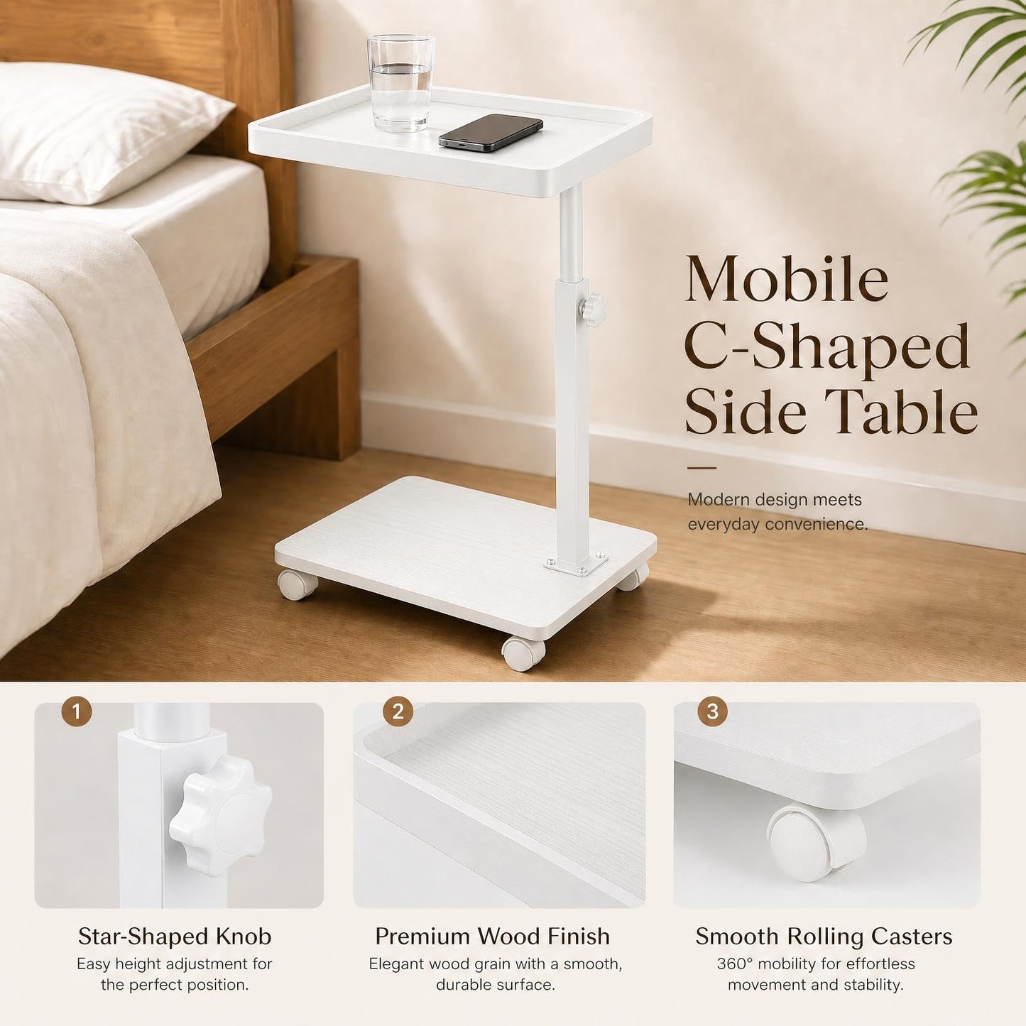 Shilanmei C Shaped Side Table Adjustable Height Wheeled Sofa Table White