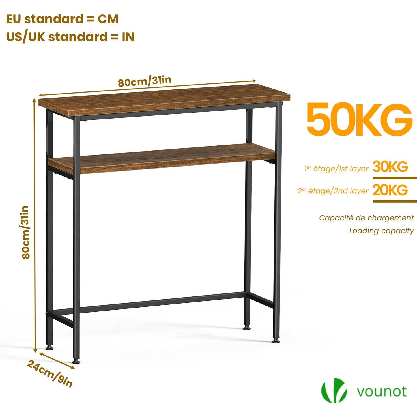 VOUNOT® Narrow Console Table, 2- Tier Slim Metal Frame Entryway Table, Small Sofa Side Table with Storage Shelf for Hallway, Living Room or Bedroom