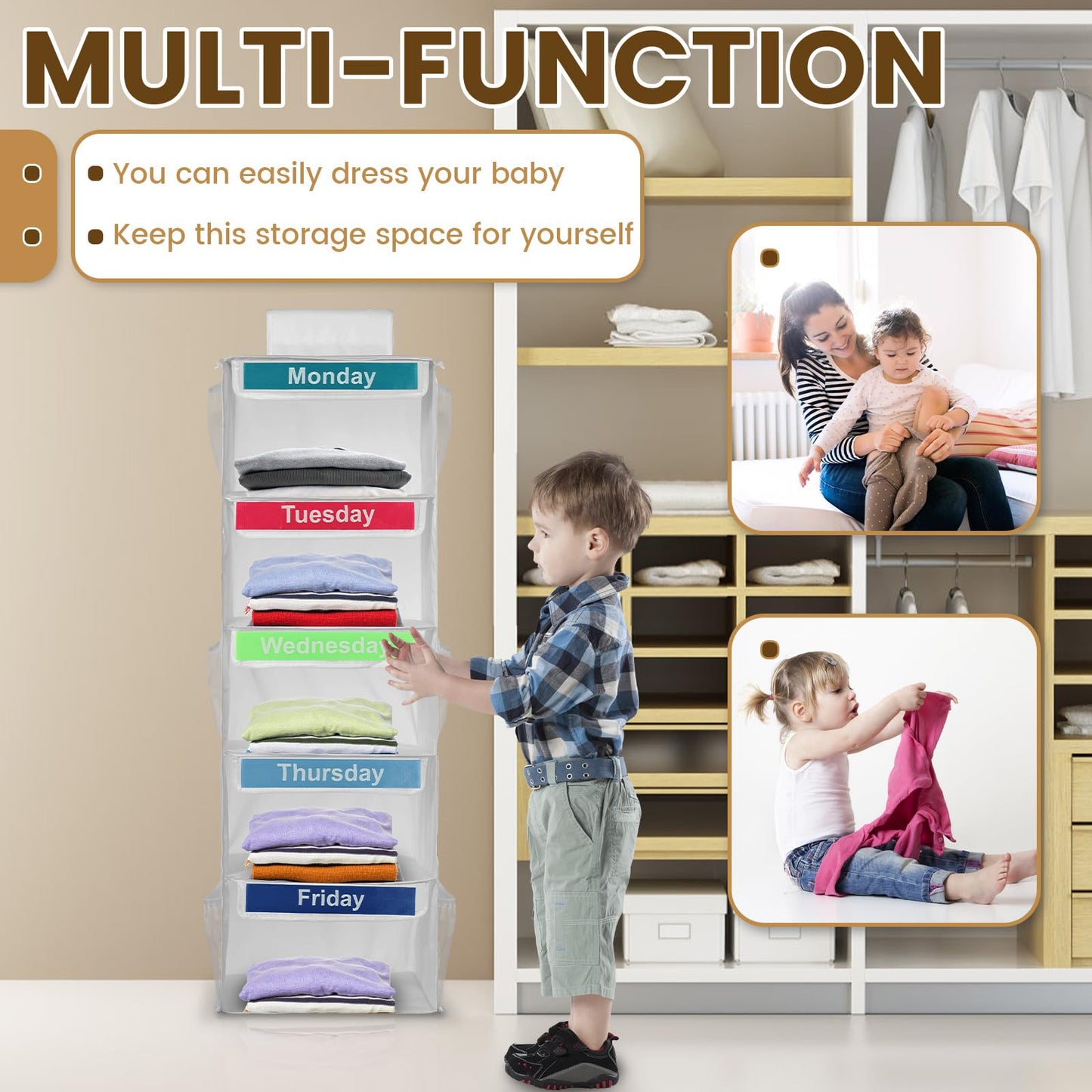 Weekly Clothes Organiser for Kids, 5-Shelf Hanging Storage Organiser for Daily Clothing, Day of The Week Children Clothes Organizer