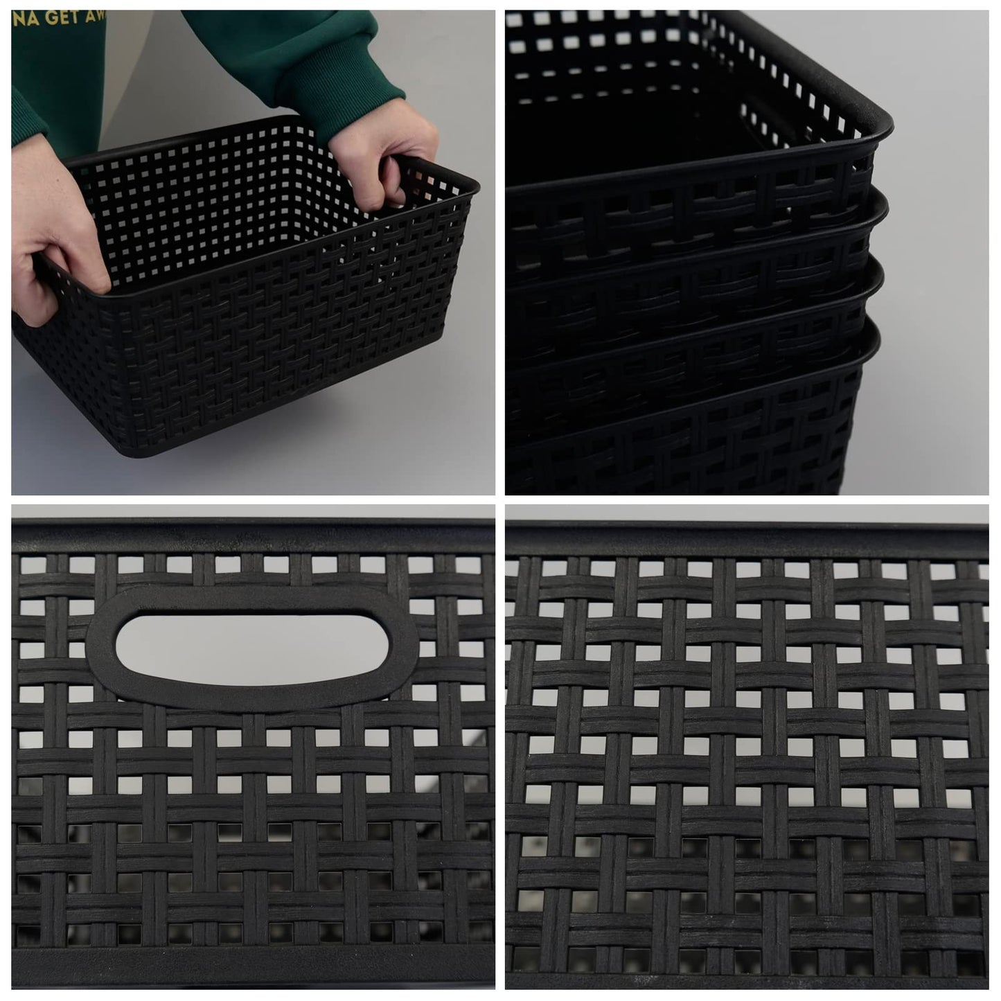Morcte Plastic Weave Shelf Basket, 4-Pack Plastic Baskets Organizer, Black
