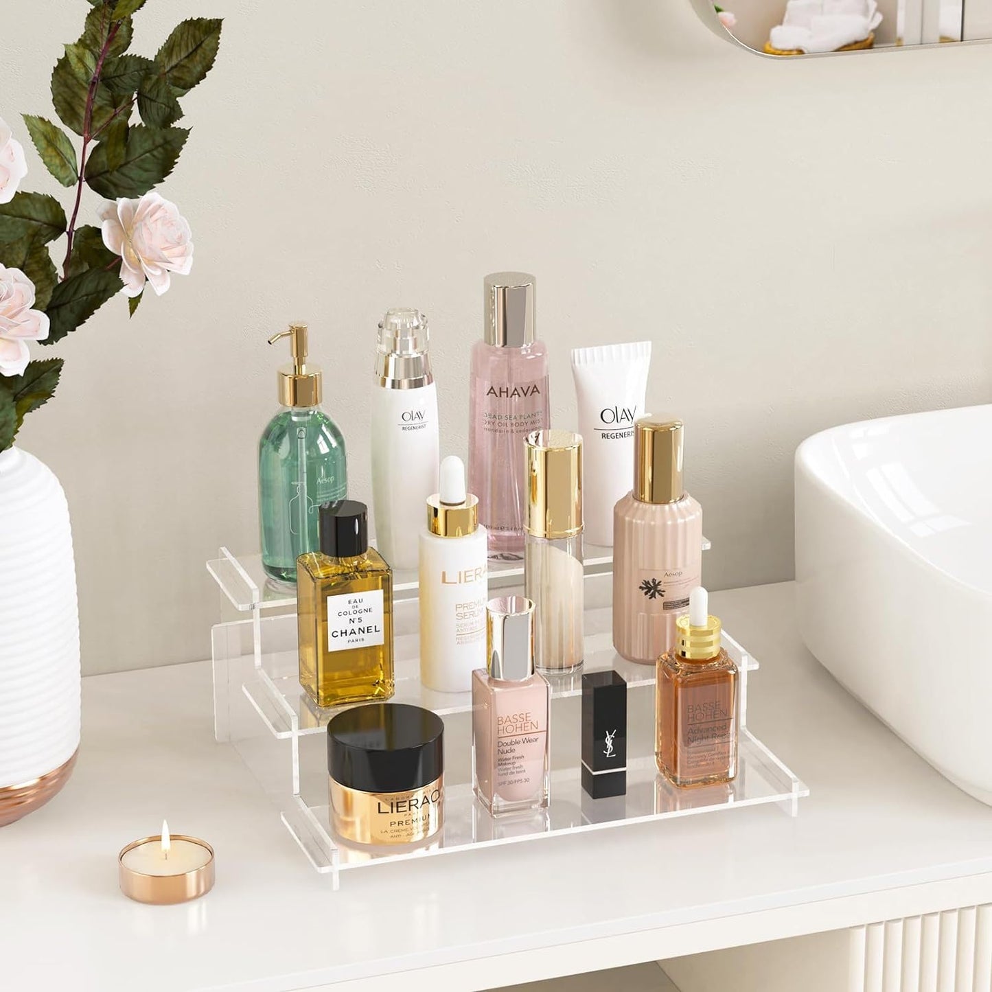 PIPITA 3 Tier Acrylic trapezoidal Display Stand, 9-in Clear Acrylic Display Shelf,Perfume Nail Polish Organiser Object