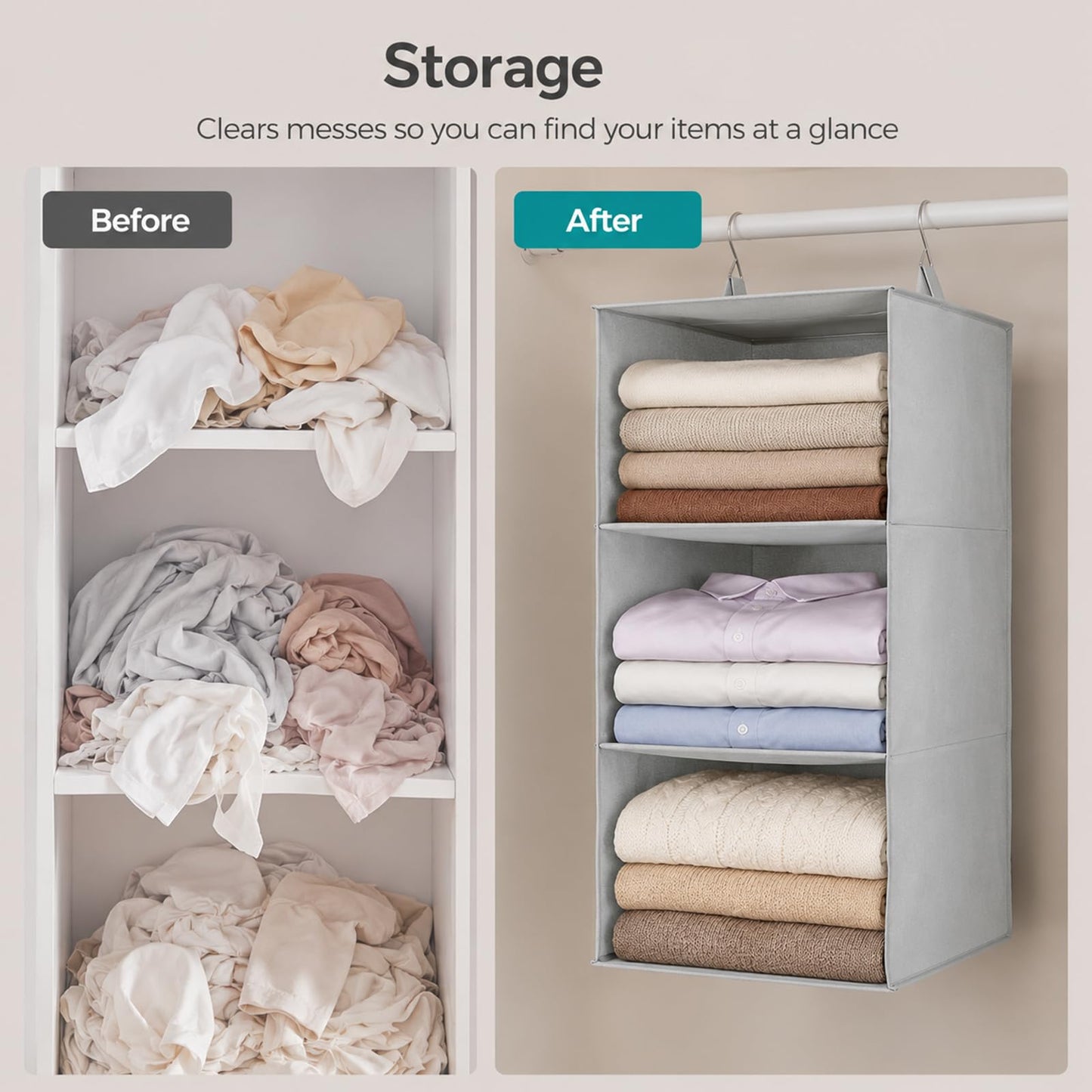 Admygo 3 Shelf Hanging Wardrobe Organiser, Foldable Hanging Storage Shelves for Wardrobe, Clothes Organiser with Metal Hooks