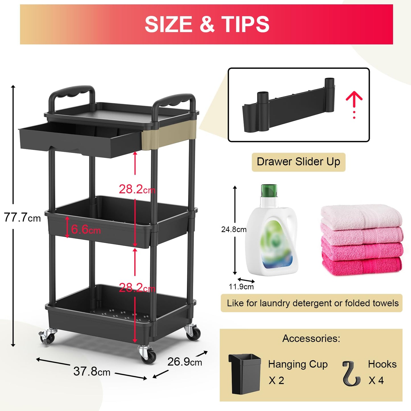 Yeabett 3 Tier Storage Trolley with Drawer, Utility Cart with Plastic Shelf & Lockable Wheels Multifunctional Storage Cart for Kitchen, Bathroom