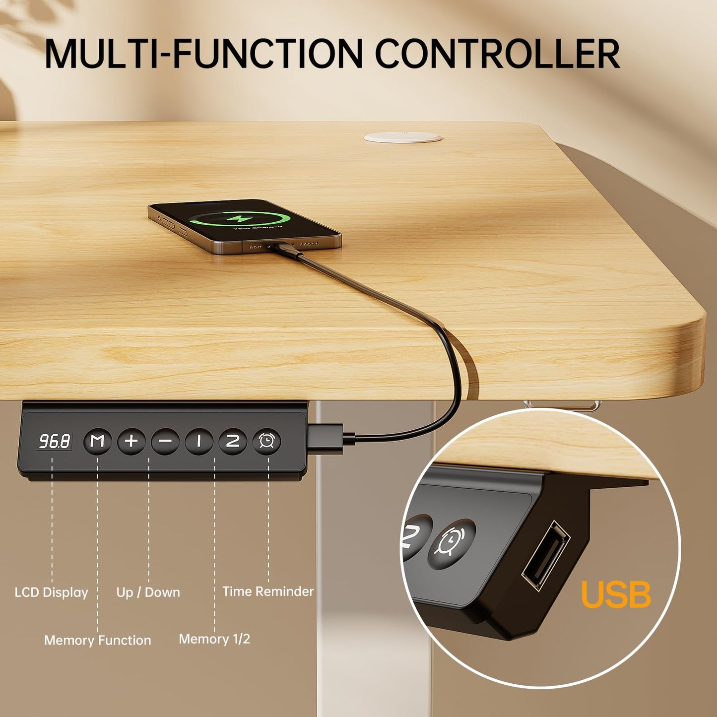 Homall Electric Height Adjustable Desk, Adjustable Height Office Desk with USB Ports, 160x70cm, Home Office with Splice Board, Beige