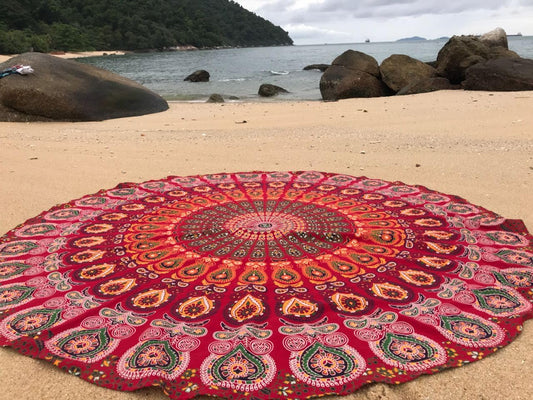 raajsee Red Round Beach Tapestry Hippie/Boho Beach Blanket Mandala/Indian Cotton Throw - Round Tablecloth/Home Decor/Indie Rug Yoga Mat Meditation