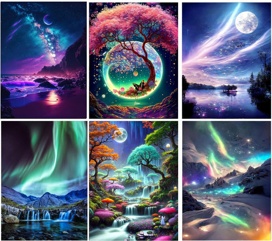 Mrnsiet 6 Packs Paint by Number for Adults,DIY Aurora Landscape Paint by Number Kits for Adults Beginners,Watercolor Oil Painting Craft Art for Home