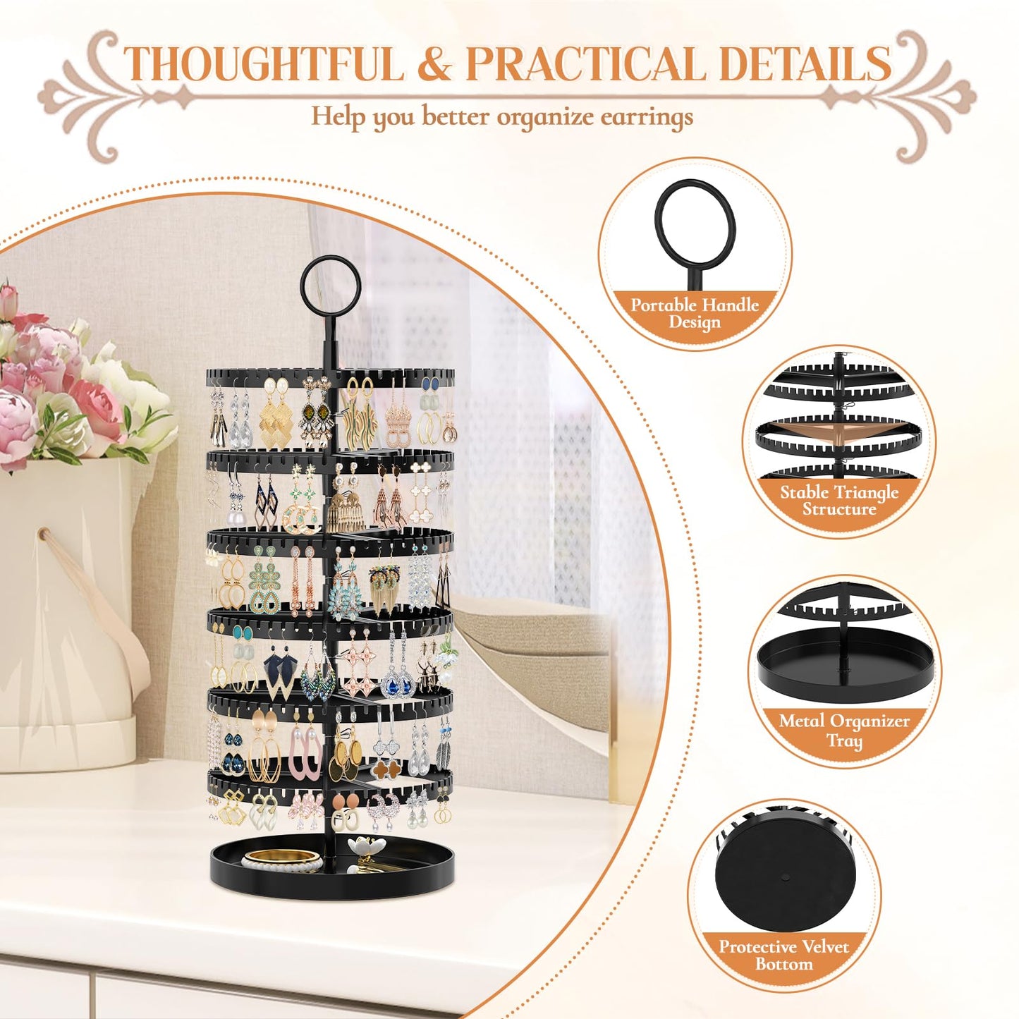 iDavosic.ly 6 Tier Rotating Earring Holder Organizer with Metal Tray, Black