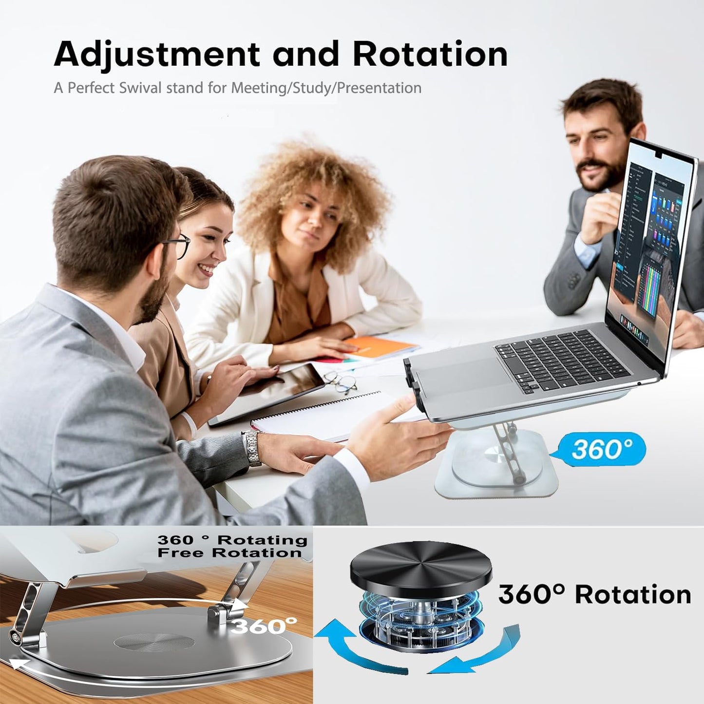 KEROLFFU Laptop Stand Fan with 360 Rotating Swivel Base, 10inch Riser Height Adjustable for Typing/Viewing/Presentation,Metal Ergonomic Strong