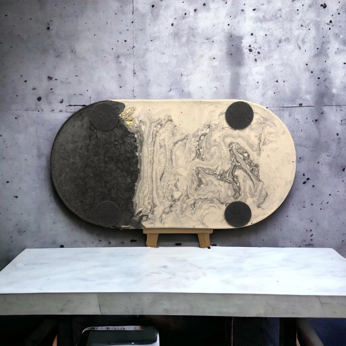 Handmade Jesmonite Oval Vanity Tray - Grey Marble Effect with Gold/Copper/Silver Leaf Detail | Decorative | Jewellery | Trinket