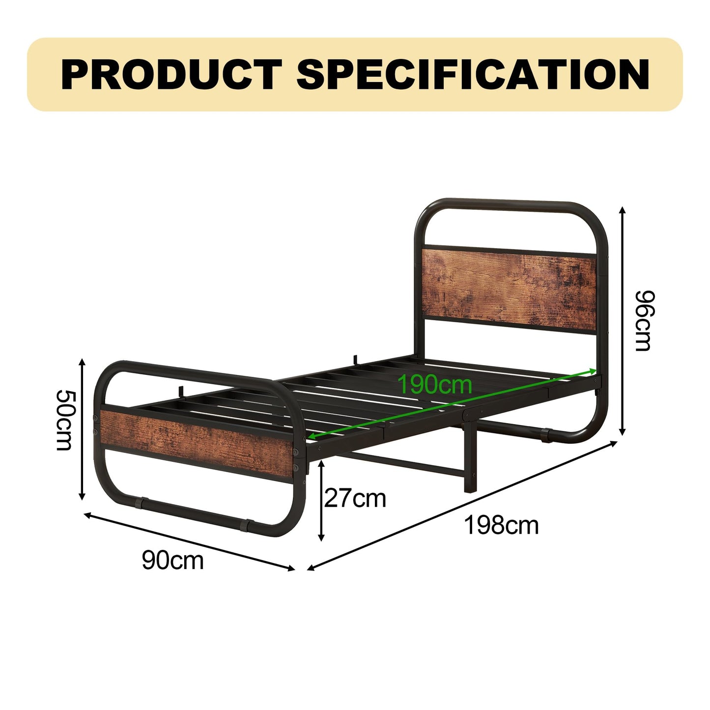 Diahomy 3ft Single Bed Frame, 90x190cm Metal Platform Bed, Bed Base,Brown