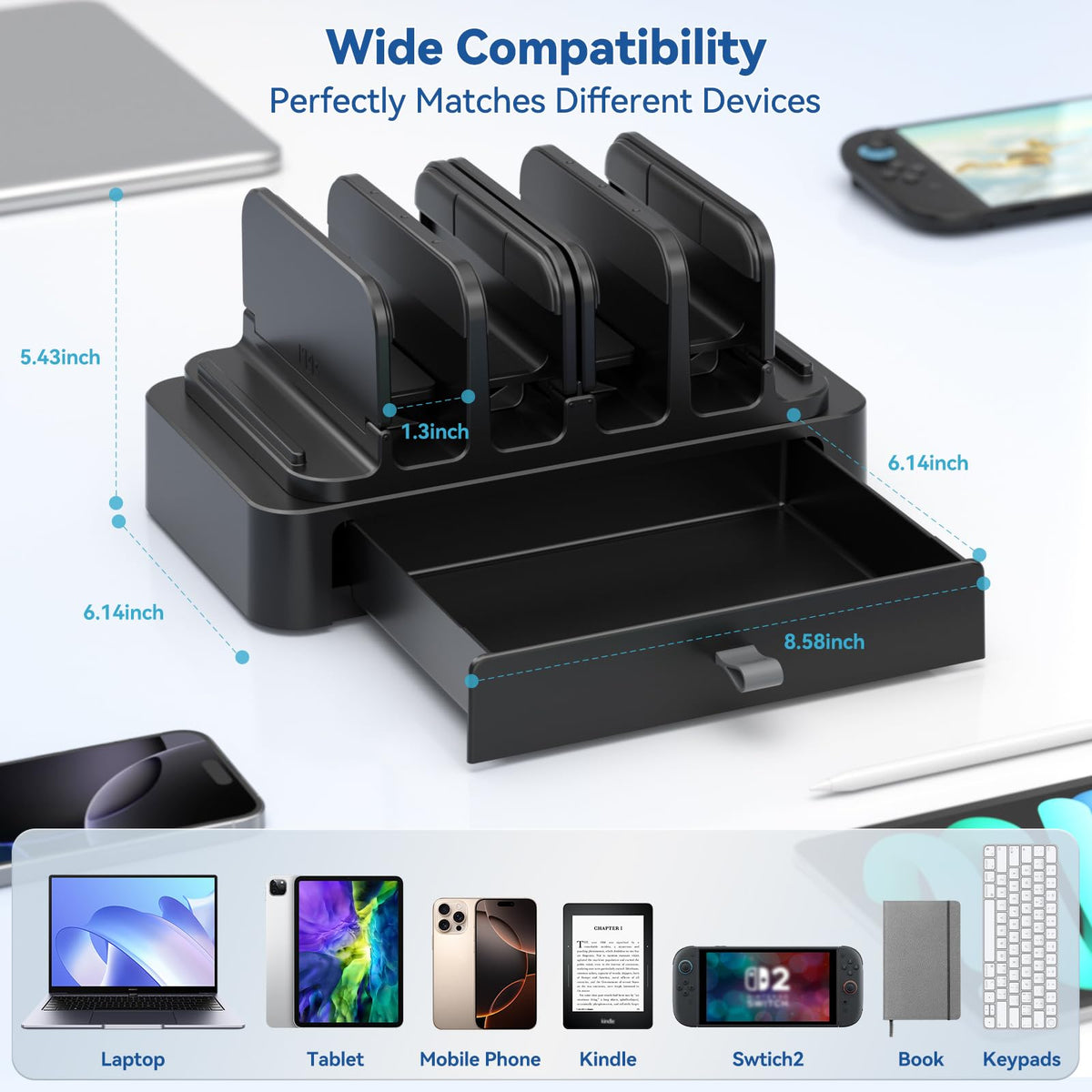 KDD Vertical Laptop Stand with Drawer - 7-in-1 Space-Saving Laptop Holder with Gravity Locking Fits MacBook, Dell, HP, Chromebook, Surface Pro