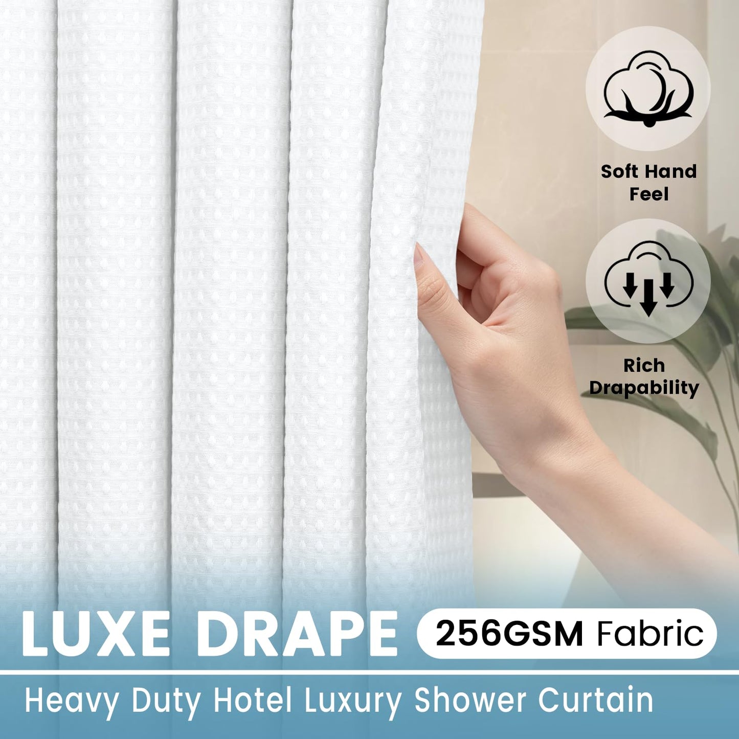 EUTXL White No Hook Shower Curtain with Snap in Liner,230GSM Waffle Weave Shower Curtains for Bathroom,71W x 74H