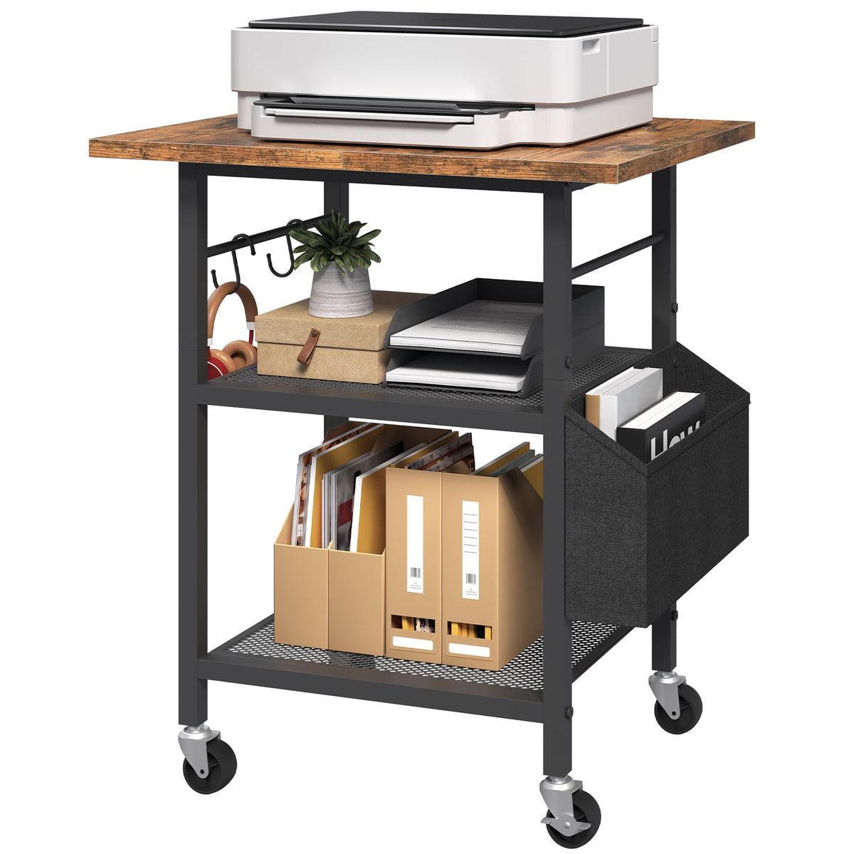 MAHANCRIS 3-Tier Printer Stand, Rolling Printer Table on Wheels, Industrial Storage Stand with Side Pocket, Wooden Tabletop