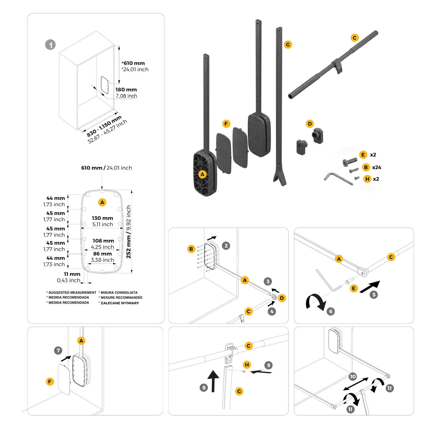 Emuca - Pull down hanging rail for wardrobe, pull down wardrobe rail lift, adjustable width 830-1150mm, titanium colour