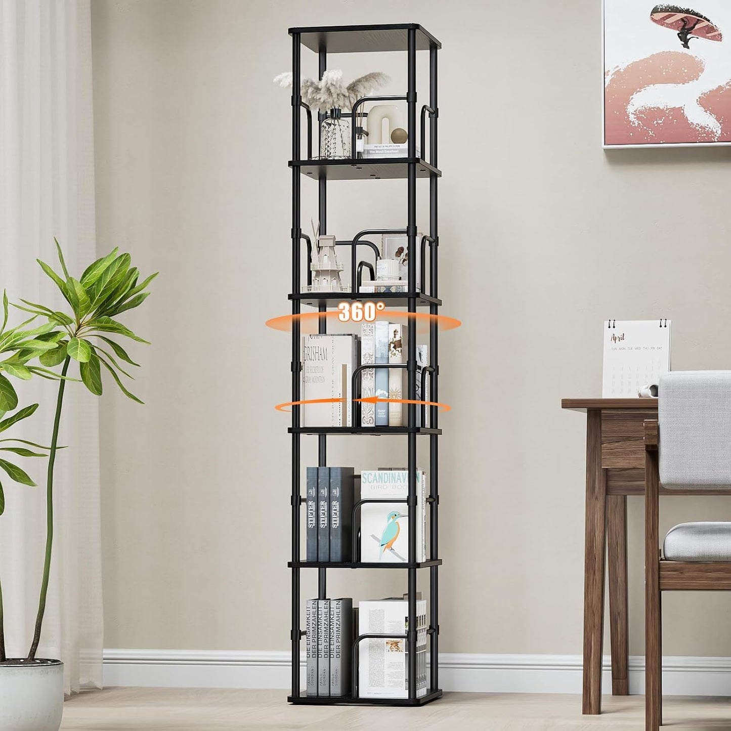 5 Tier Square Rotating Bookshelf, 360° Corner Bookshelf Tower, Small Size Revolving Bookcase with Adjustable Levels