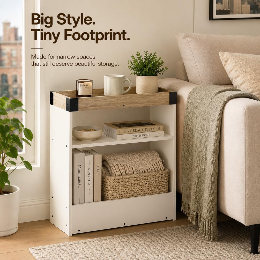ZEXVIDA Narrow Side Table, 8" Slim End Table with Tray Top, Oak & White