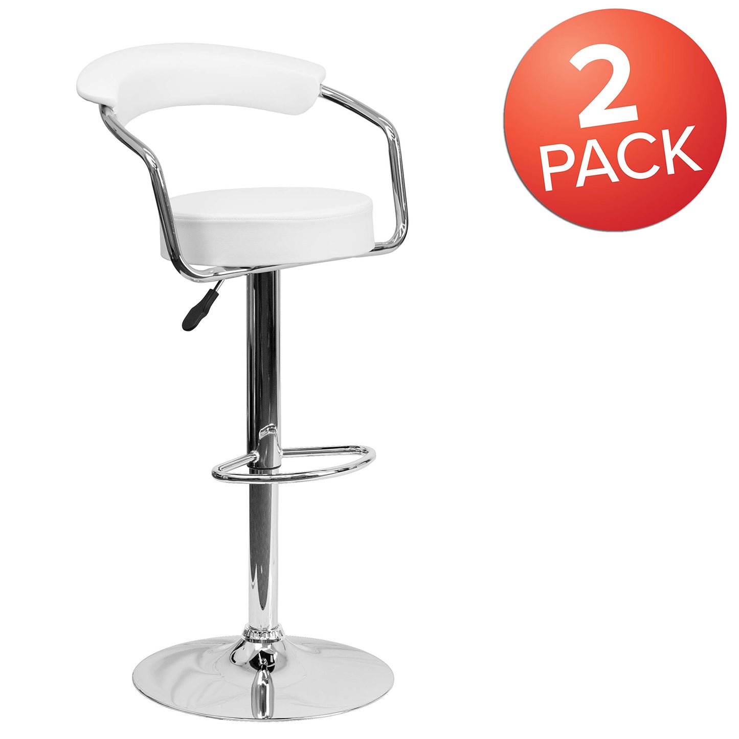 Flash Furniture Taft 2 Pk. Contemporary White Vinyl Adjustable Height Barstool with Arms and Chrome Base