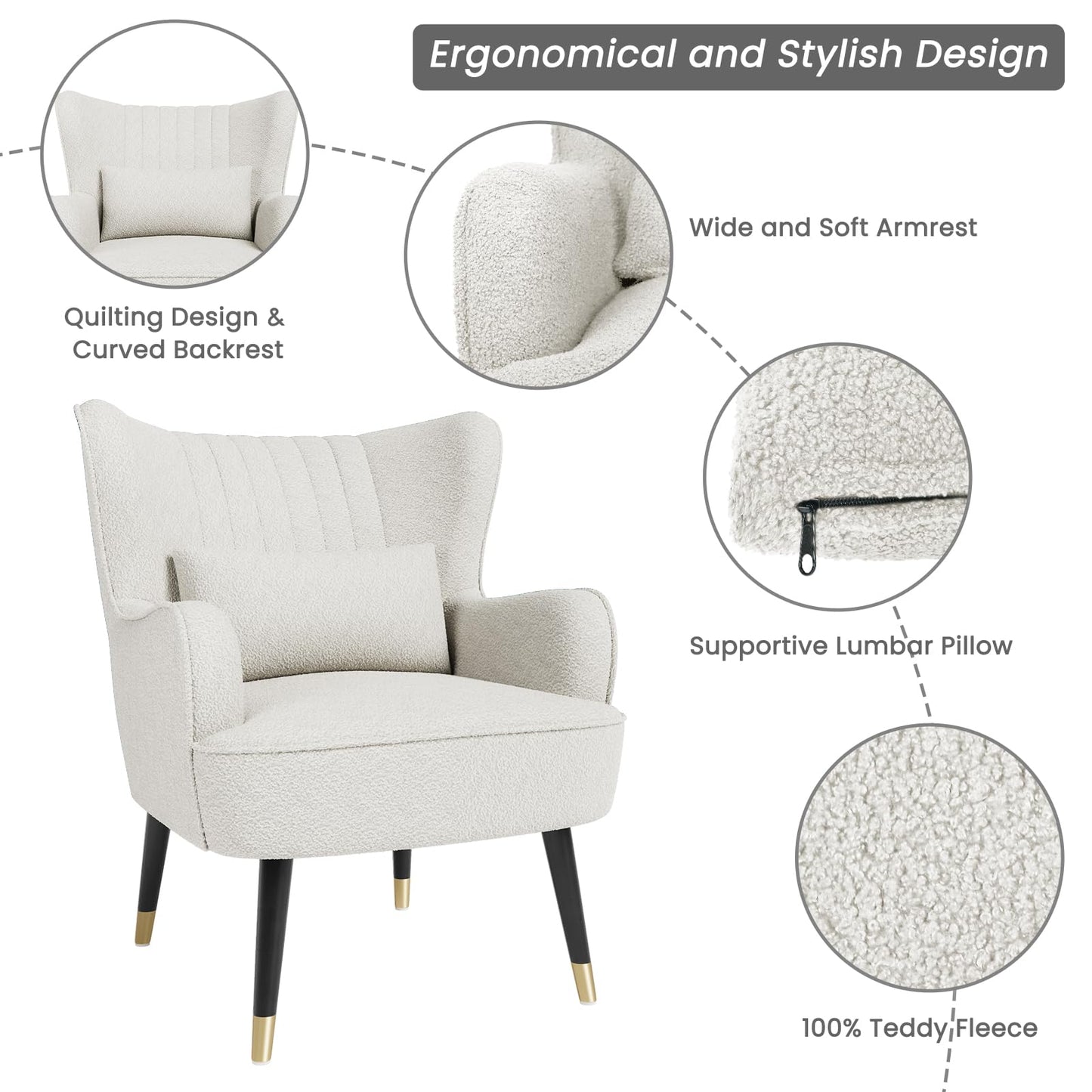 Vesgantti Teddy Accent Chair with Lumbar Pillow, Wing Back Large Armchair