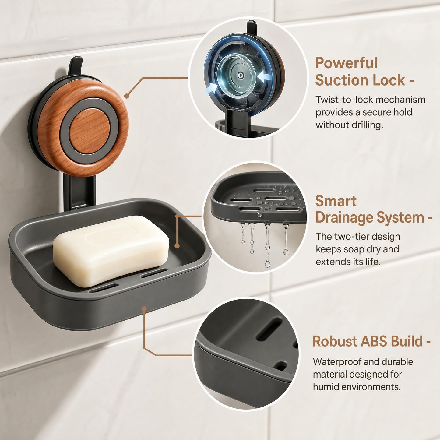 2PCS Double Layer Soap Dish for Shower Wall Mounted Suction Cup Soap Holder
