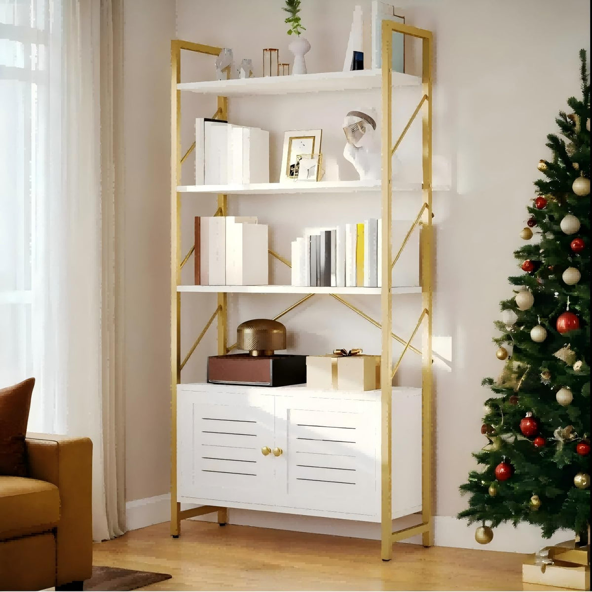 YITAHOME Bookcase with Storage Cabinet, Standing 5 Tiers Book Shelf Display Rack with Doors for Bedroom Living Room Office,White&Gold