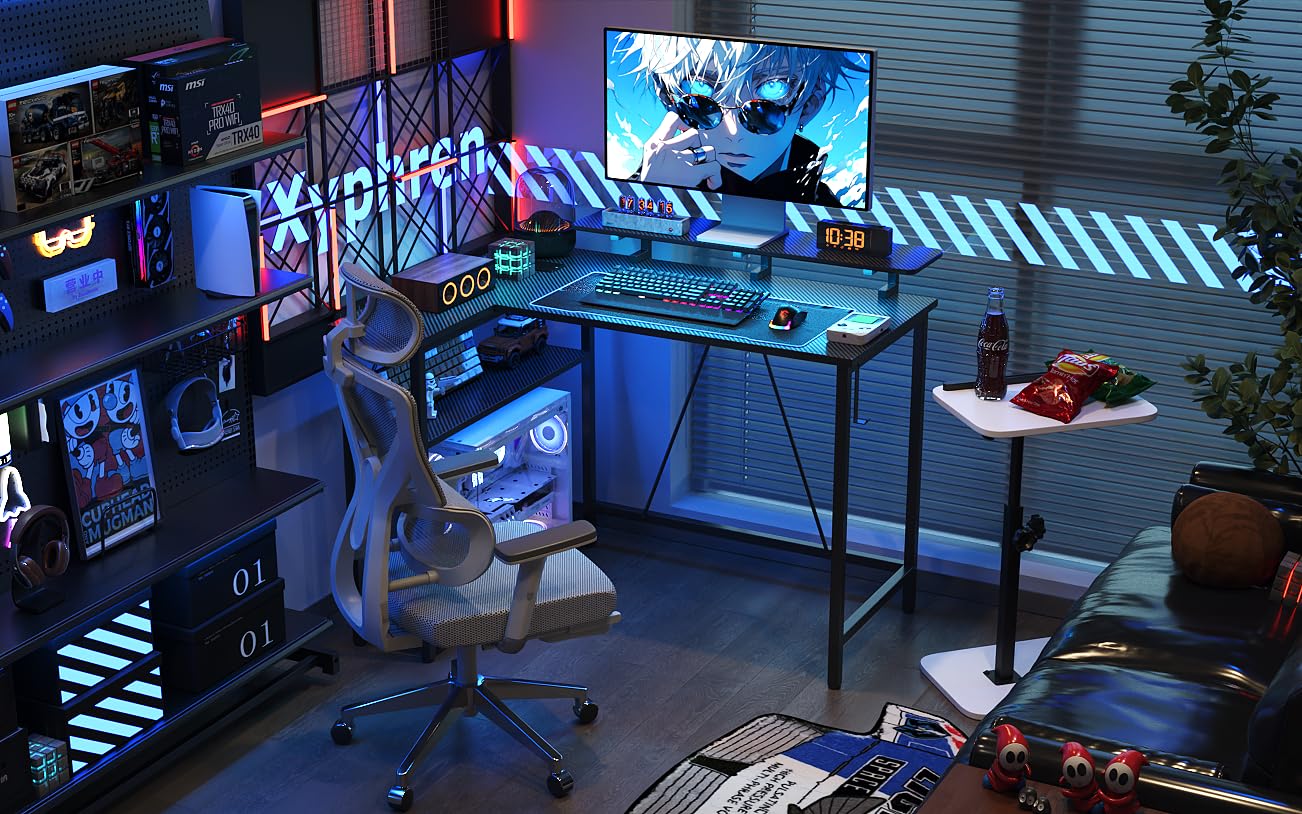 Xyphren L Shaped Gaming Desk with RGB LED Lights & Power Outlets,Corner Computer Desk with Adjustable Shelves