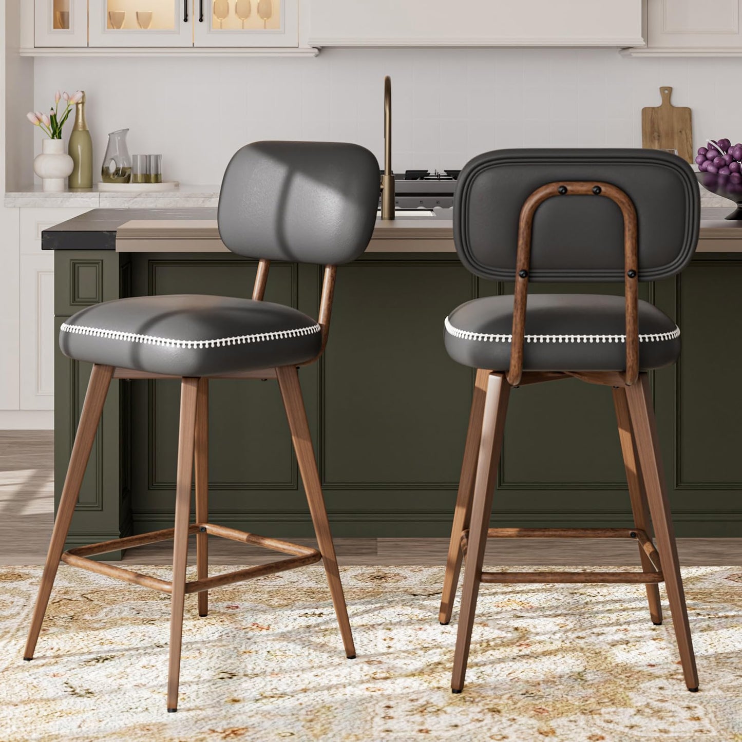 MALOL PU Leather Breakfast Bar Stools Set of 2, Swivel Kitchen Bar Chairs with Backrest and Metal Legs