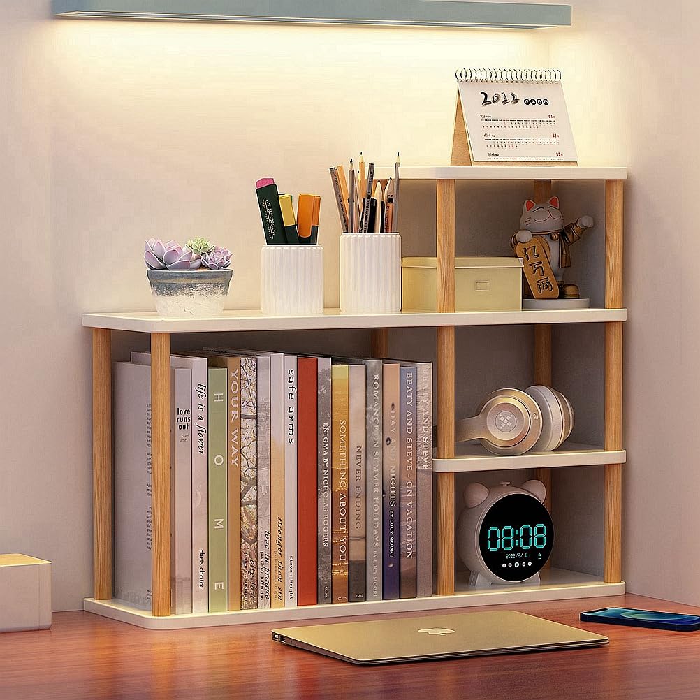 Dreamhousey Desktop Multilayer Bookcase Storage Rack, Large Capacity Solid Wood Storage Wall on Desk, Student Easy Organizing Rack