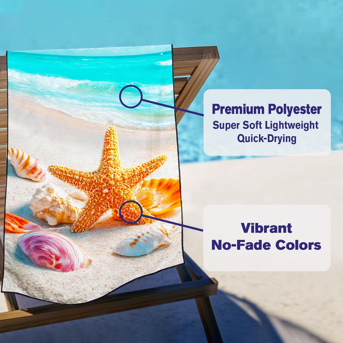 Violetpos Golden Starfish & Shells Beach Towel, Extra Large 180x90 cm 250GSM Microfibre, Sand Free Quick Dry