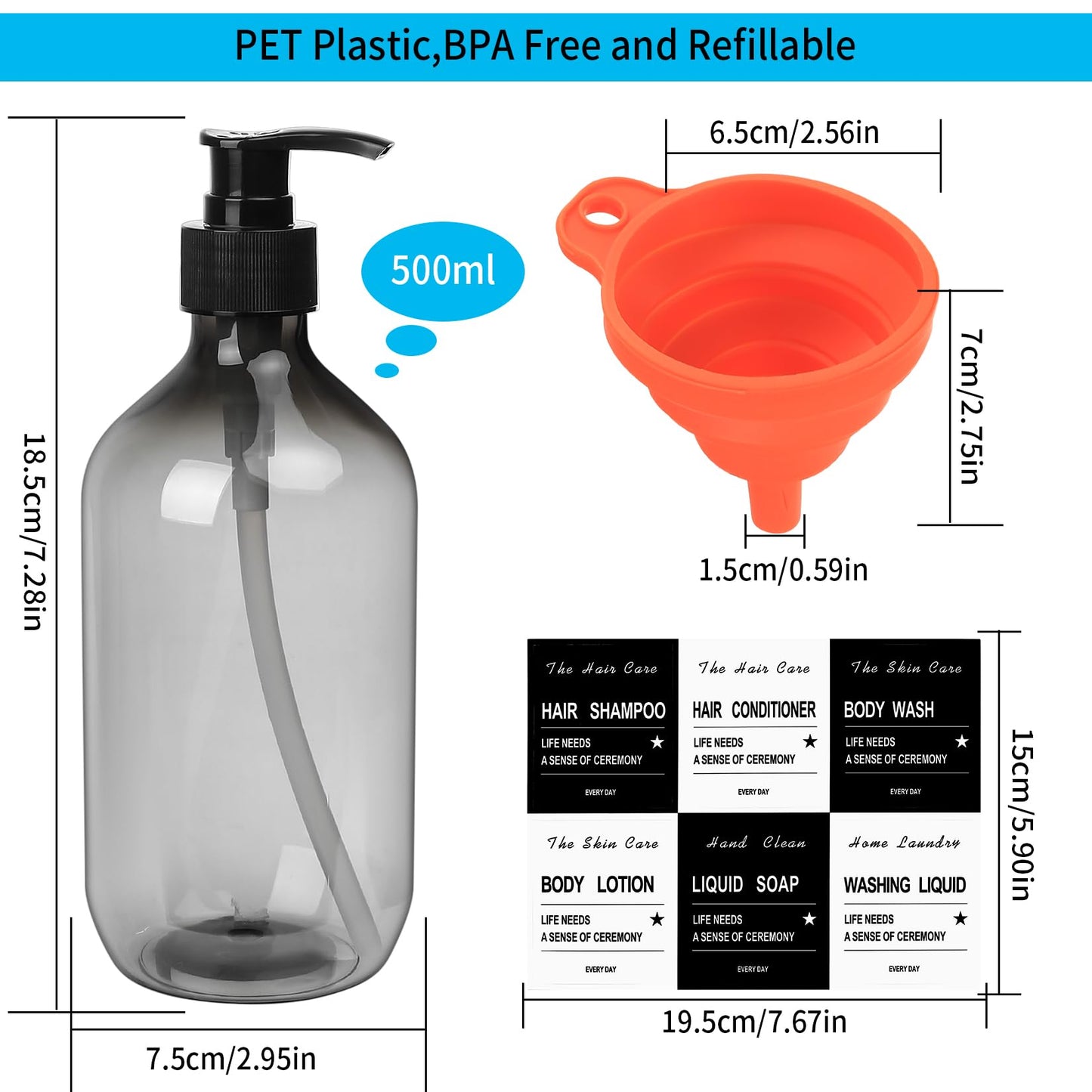 4 Pcs 500ml Soap Dispenser with Pump, Empty Refillable Pump Bottle Dispensers for Kitchen Bathroom Liquid Hand Dish Soap Dispenser Bottles Containers