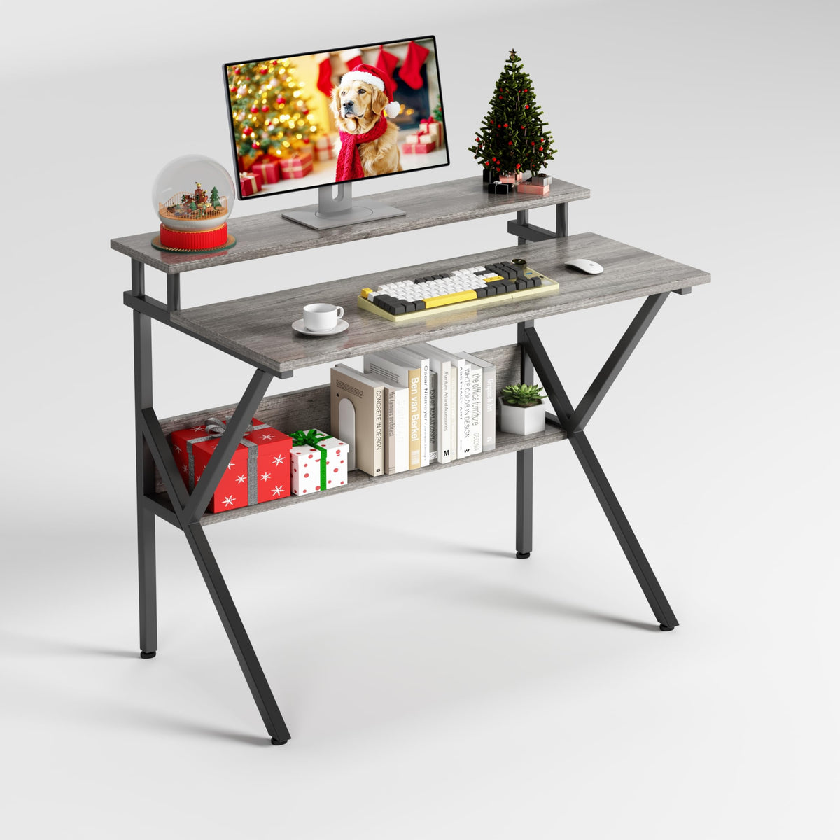 CAIYUN 70cm Computer Desk, Home Office Desk for Home, Small Desk for Spaces, GreyOak Small Table with Monitor Stand